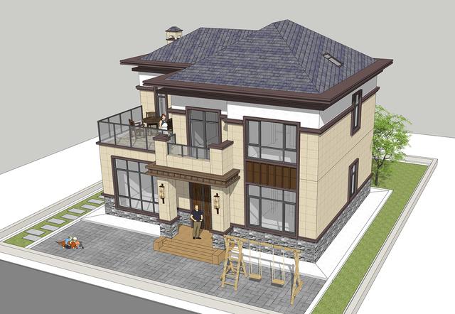 簡單實(shí)用造價不高的農(nóng)村二層別墅設(shè)計圖，坐北朝南的庭院，南北通過主體建筑劃分為前后庭院。