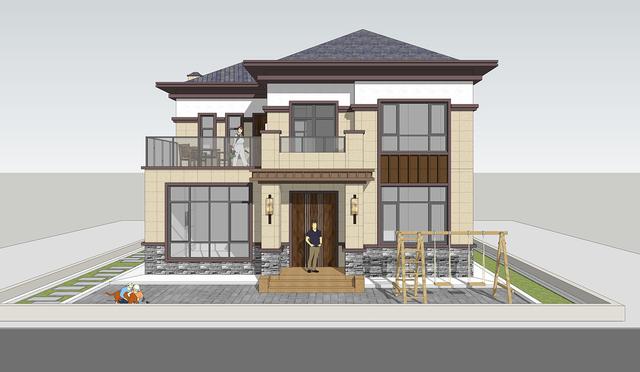 簡單實(shí)用造價不高的農(nóng)村二層別墅設(shè)計圖，坐北朝南的庭院，南北通過主體建筑劃分為前后庭院。