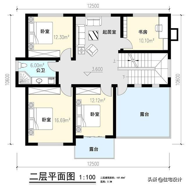 二層中式別墅帶露臺(tái)農(nóng)村自建房設(shè)計(jì)圖，占地面積126平米，造價(jià)30萬(wàn)左右。