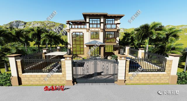 帶小院的3層歐式別墅設(shè)計圖，挑空大客廳大露臺，設(shè)計后的別墅總能起到事半功倍的效果。