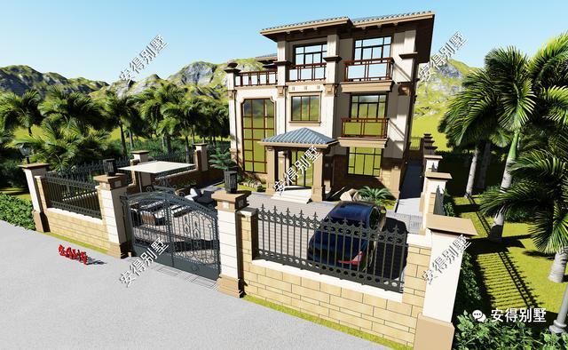 帶小院的3層歐式別墅設(shè)計圖，挑空大客廳大露臺，設(shè)計后的別墅總能起到事半功倍的效果。