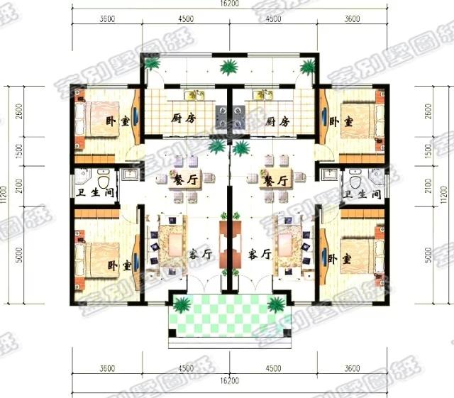 一層雙拼別墅戶型，左右對(duì)稱，布局上充分利用空間，特別適合農(nóng)村兩兄弟建造