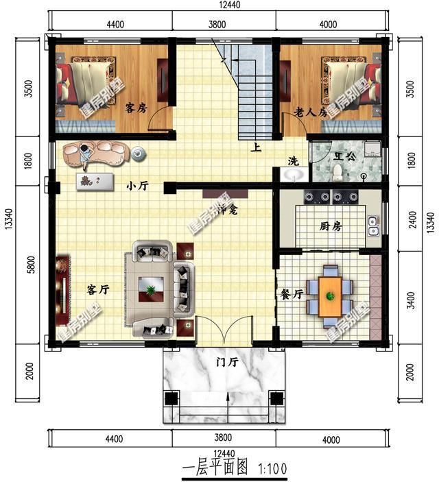 復(fù)式三層別墅設(shè)計圖，12.4×13.3米，布局合理，節(jié)省空間