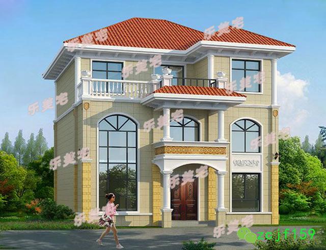 120平米簡約三層農(nóng)村三層自建別墅設(shè)計圖，羅馬柱裝飾，外觀精美，布局實用。