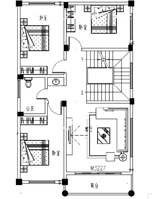 面寬8以內(nèi)農(nóng)村三層小別墅設(shè)計圖，外觀高端大氣，大露臺有最大化的觀景視覺效果。