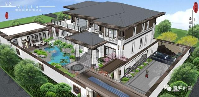 河北兩層新中式合院別墅設(shè)計(jì)圖，24x35米，前庭后院，小橋流水