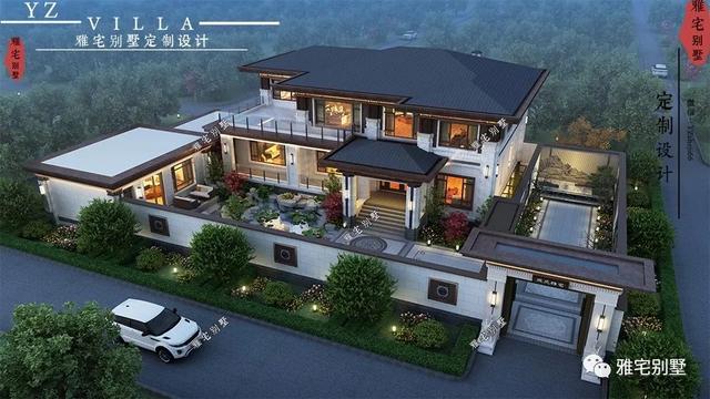 河北兩層新中式合院別墅設(shè)計(jì)圖，24x35米，前庭后院，小橋流水