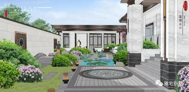 河北兩層新中式合院別墅設(shè)計(jì)圖，24x35米，前庭后院，小橋流水