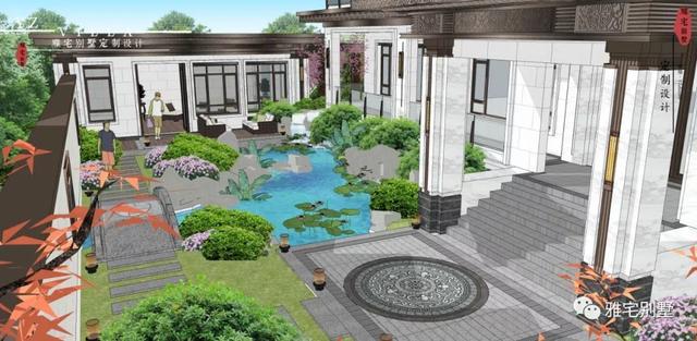 河北兩層新中式合院別墅設(shè)計(jì)圖，24x35米，前庭后院，小橋流水