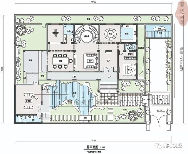 河北兩層新中式合院別墅設(shè)計(jì)圖，24x35米，前庭后院，小橋流水