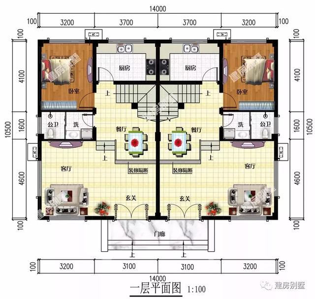 14×10.5米雙拼別墅設計圖，平屋頂+飄窗，造價50萬