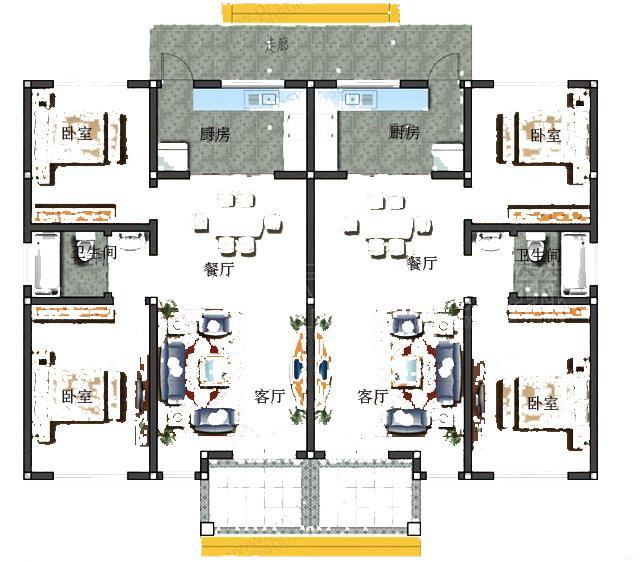 農(nóng)村一層雙拼別墅設(shè)計(jì)圖，室內(nèi)設(shè)計(jì)都非常合理，符合農(nóng)村的風(fēng)景布局