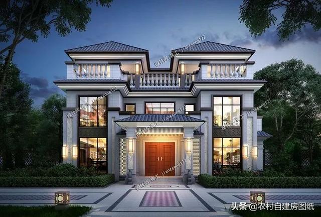 新中式三合院別墅設計圖，整個外觀都非常的有質感