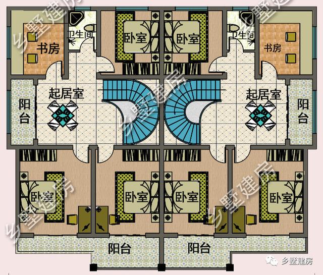 農(nóng)村兩層兄弟雙拼自建別墅設計圖，帶旋轉(zhuǎn)樓梯，看起來氣派豪華