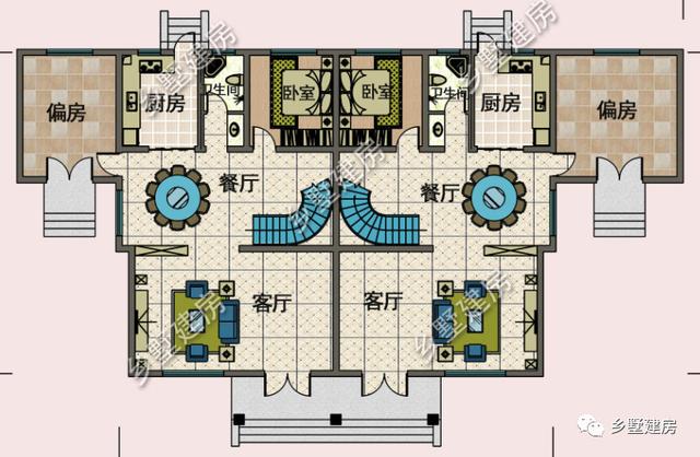 農(nóng)村兩層兄弟雙拼自建別墅設計圖，帶旋轉(zhuǎn)樓梯，看起來氣派豪華