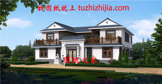 型中式二層四合院別墅設(shè)計圖，左右對稱設(shè)計