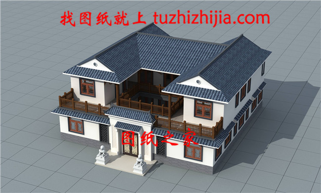 型中式二層四合院別墅設(shè)計圖，左右對稱設(shè)計