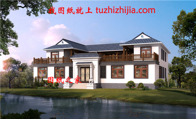 鄉(xiāng)村典型中式二層四合院別墅設計圖，左右對稱設計