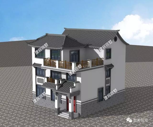 幾棟中式風(fēng)格別墅效果圖片，平頂、帶院子的都有，含方案圖