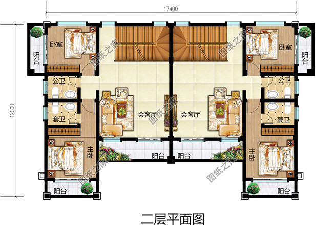 17X12米三層雙拼別墅自建房設(shè)計(jì)圖，歐式風(fēng)格，戶型方正