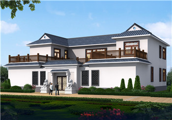 鄉(xiāng)村新中式二層四合院別墅設(shè)計(jì)圖，帶庭院和露臺，21X17米