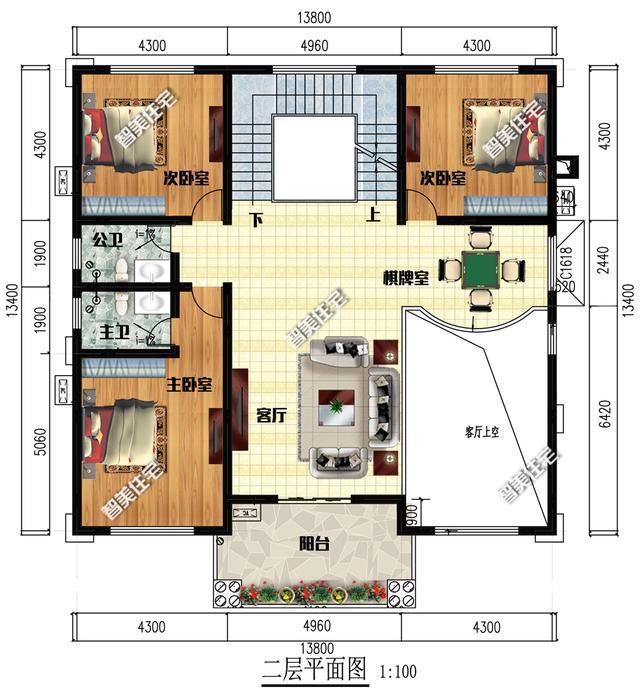 13.8×13.4米氣派高端歐式三層豪宅圖，復(fù)式帶堂屋