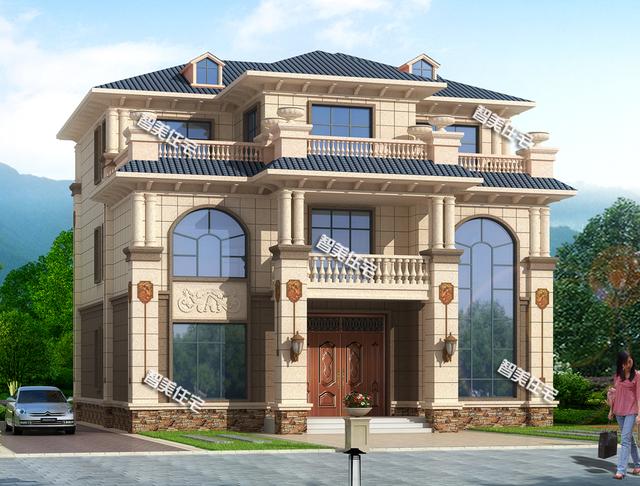 13.8×13.4米氣派高端歐式三層豪宅圖，復(fù)式帶堂屋