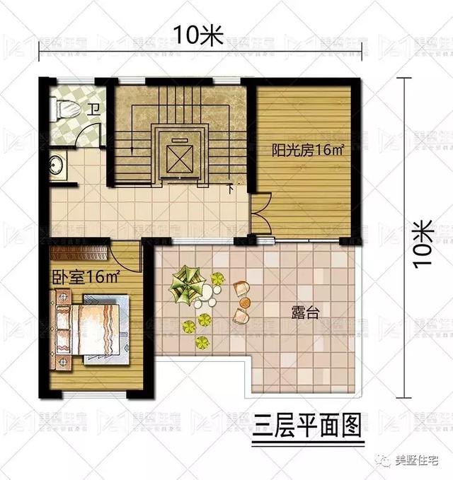 占地100平鄉(xiāng)村小樓圖，陽光房+大露臺(tái)，質(zhì)樸簡單