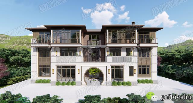 湖南婁底三層雙拼別墅效果圖及平面，外觀大氣