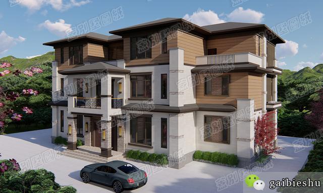湖南婁底三層雙拼別墅效果圖及平面，外觀大氣