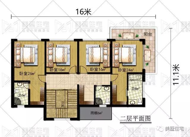 占地147平的簡歐4間二層別墅戶型方案，樓梯有特色