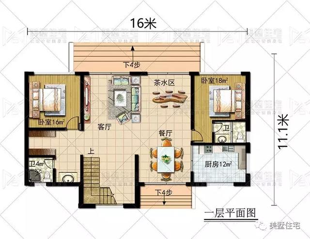 占地147平的簡歐4間二層別墅戶型方案，樓梯有特色