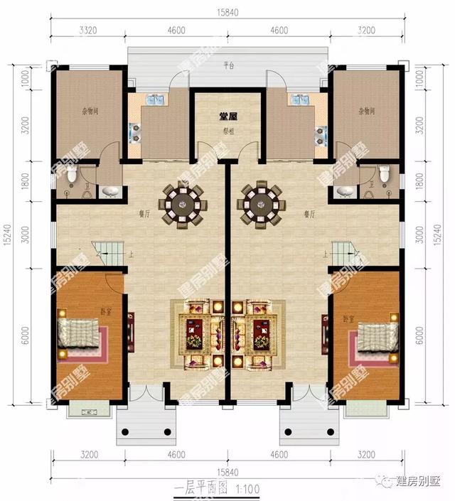 客廳挑空設(shè)計的兩棟雙拼房子戶型圖，兩棟誰更氣派