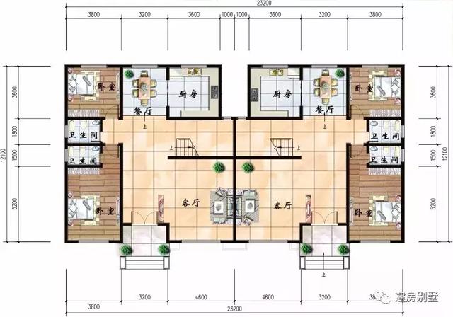 客廳挑空設(shè)計的兩棟雙拼房子戶型圖，兩棟誰更氣派