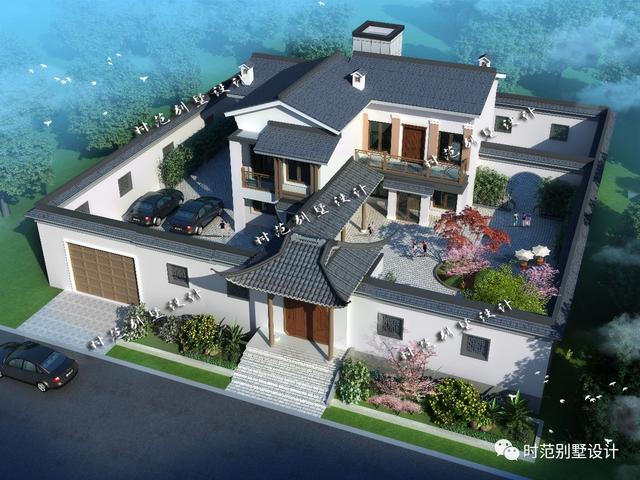 15x13米二層帶庭院中式別墅設(shè)計，徽派中式典范外觀