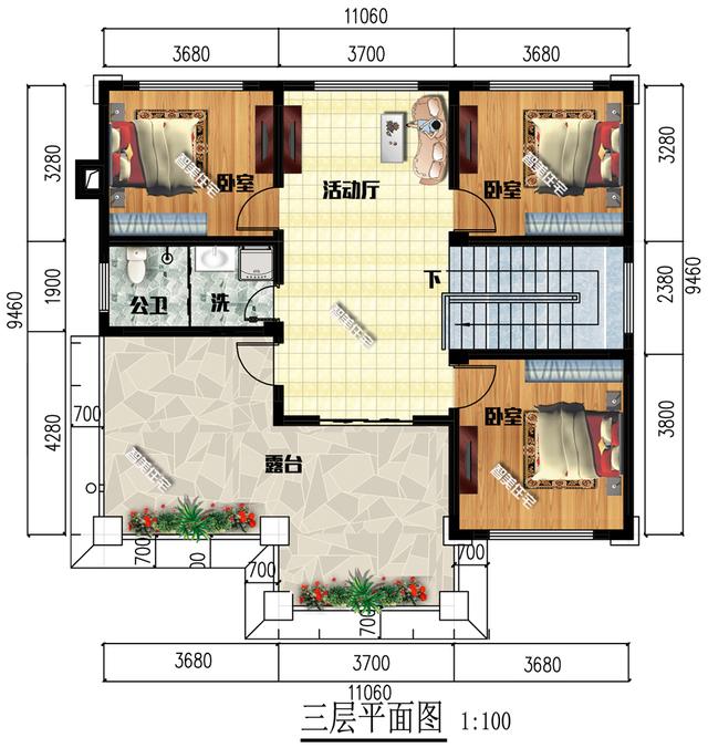 11×9.46米新中式外觀風(fēng)格的三層別墅樓房戶(hù)型，大氣