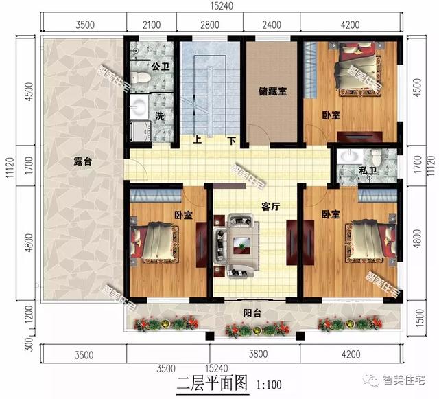 15.2×11.1米三層鄉(xiāng)村小樓房方案圖，簡單造型