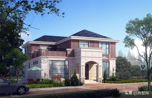 開間11.8米面寬14.5米二層鄉(xiāng)村簡歐別墅圖，外觀配色協(xié)調(diào)