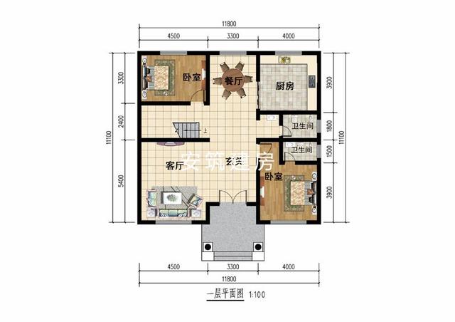 11.8米進深11.1米二層簡歐房子鄉(xiāng)村戶型圖，簡潔、大方