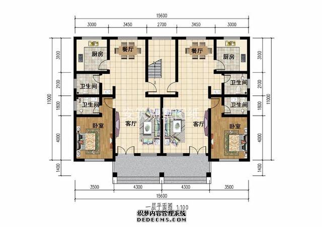 徽派小戶型二層兄弟雙拼自建房屋戶型圖，單戶不到100平