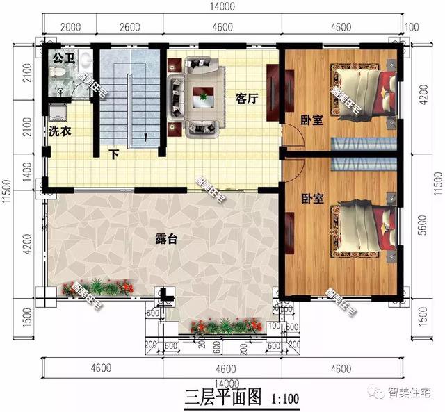 14×11.5米農(nóng)村三層自建房戶型方案設(shè)計，超大堂房