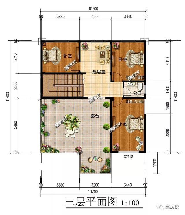 3棟120平的農(nóng)村房子戶型方案設(shè)計(jì)，二層、三層的都有