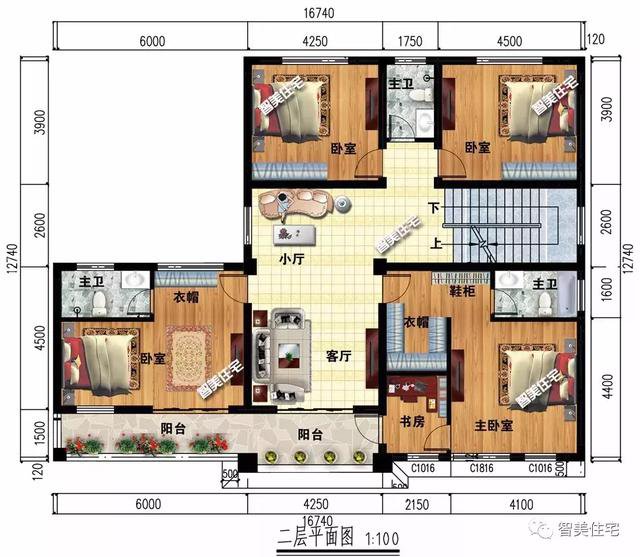 16.7×12.7米新中式四層別墅戶型方案圖，平屋頂設(shè)計(jì)