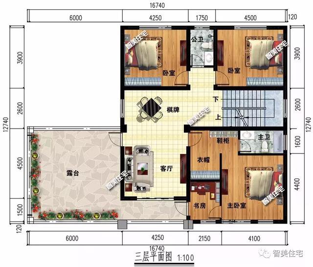 16.7×12.7米新中式四層別墅戶型方案圖，平屋頂設(shè)計(jì)