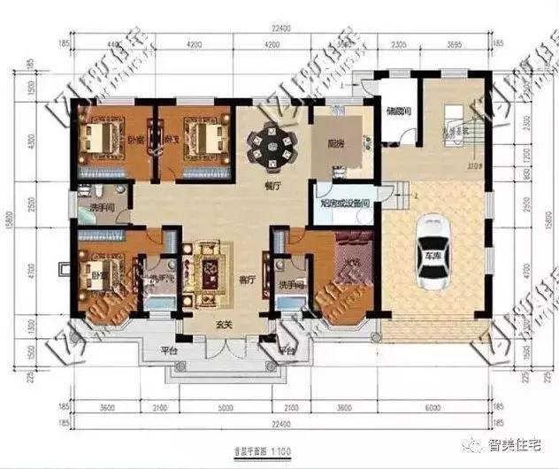 鄉(xiāng)村4間一層住宅設計戶型圖，帶車庫