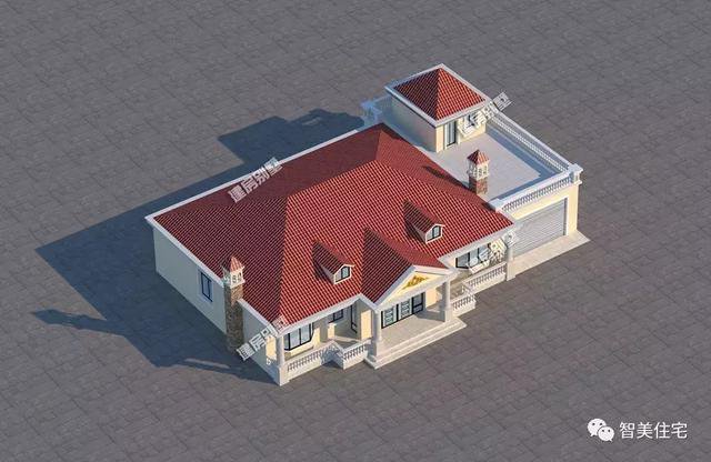 鄉(xiāng)村4間一層住宅設計戶型圖，帶車庫