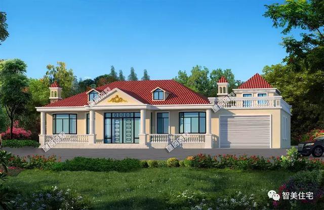 鄉(xiāng)村4間一層住宅設計戶型圖，帶車庫