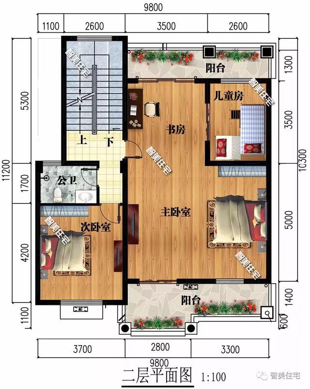 鄉(xiāng)村9.8×11.2米自建住宅方案戶型圖，配色適合農(nóng)村