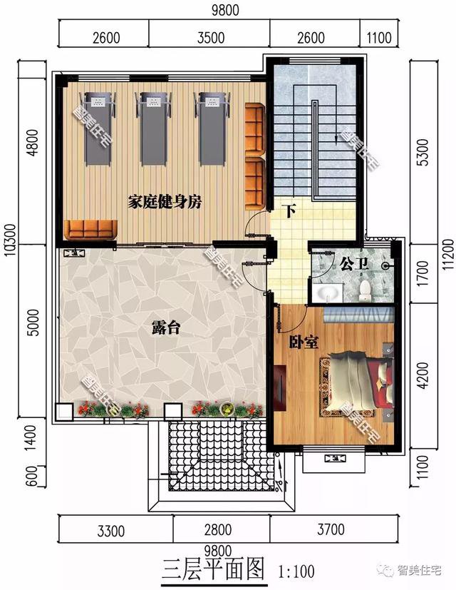 鄉(xiāng)村9.8×11.2米自建住宅方案戶型圖，配色適合農(nóng)村