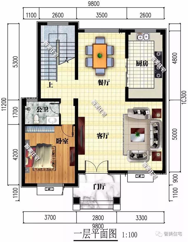 鄉(xiāng)村9.8×11.2米自建住宅方案戶型圖，配色適合農(nóng)村